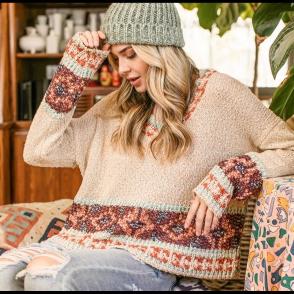 Aztec Print V-Neck Sweater